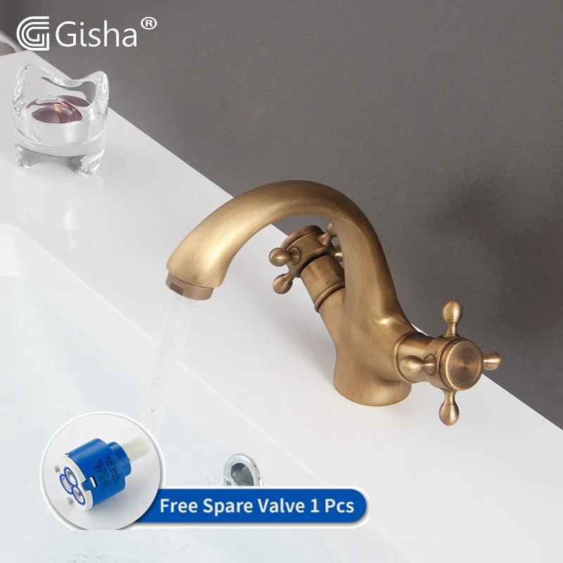 

Gisha Antique Brushed Bathroom Faucet Solid Brass Oval Basin Faucet European Double Handle Faucet Cold And Hot Water mixer G1039