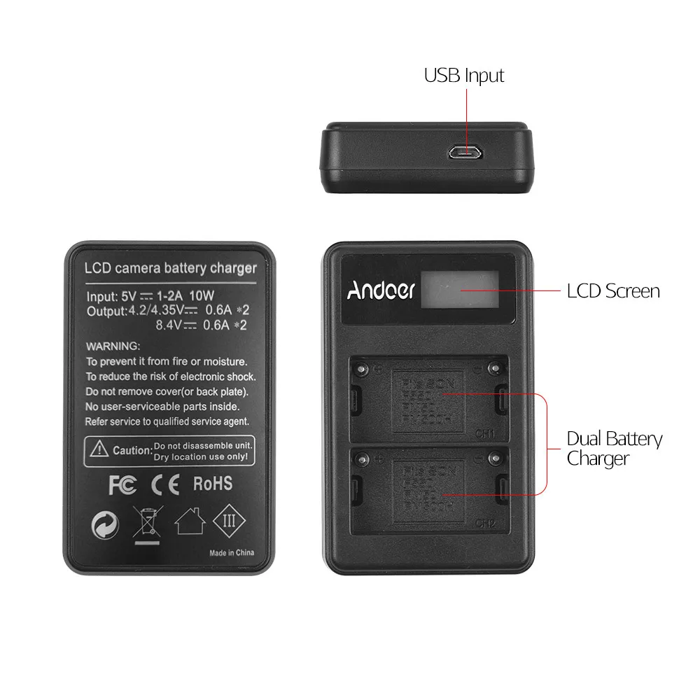 Andoer LCD2-NPF550 USB Dual Батарея Зарядное устройство для sony NP-F550 NP-F570 NP-F530 NP-F330