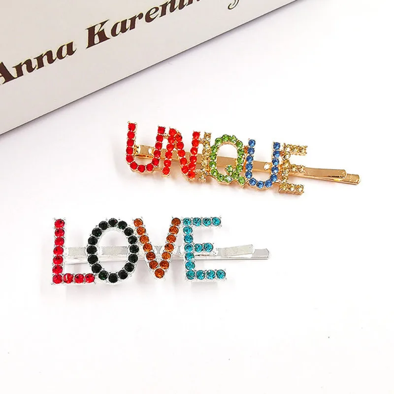 Colorful Crystal Rhinestone Letter Hairpins Unique Hair Clips For Lady Women Barrettes Hair Accessories