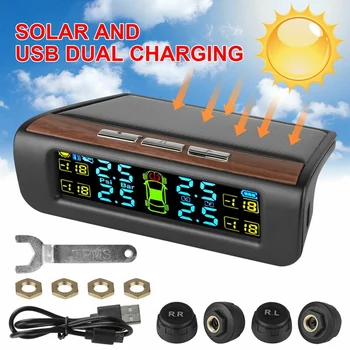 

Wireless Solar TPMS LCD Car Tire Pressure Monitoring System with 4 External Sensors Solar Automatic Alarm System