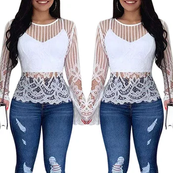 

Women 2020 Fashion Long Sleeve Lace Blouse Sexy Round Neck Mesh Stitching See Through Top Ladies Casual White Shirts Tee D30
