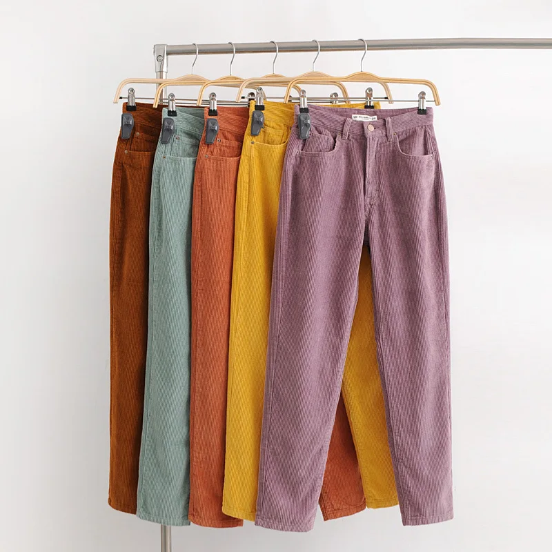 Винтажные вельветовые брюки цвета макарон, осенние женские свободные шаровары со средней Талией Длиной до лодыжки, повседневные длинные штаны для женщин