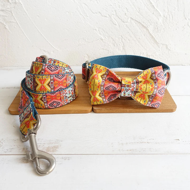 bow collar leash Ошейник для собак в богемном стиле с бантом, изготовленный на заказ, с гравировкой ID, ошейник для собак с поводком, набор, высокое качество, серебряная металлическая пряжка, ошейник для домашних животных, набор поводков - Цвет: bow collar leash