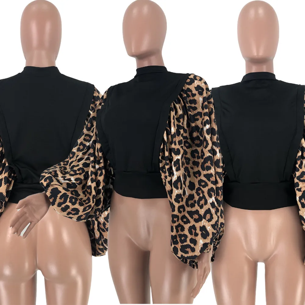 Женская новая осенне-зимняя футболка с о-образным вырезом, полный рукав с буфами, Леопардовый принт, сексуальные Модные ночные топы для клубной вечеринки, tshits Bandage HG5300