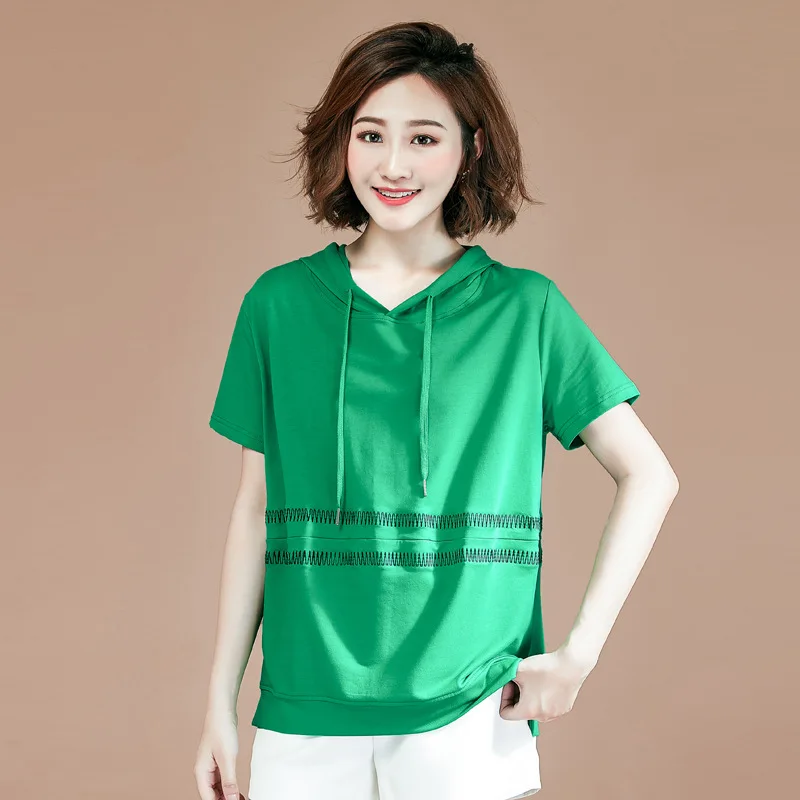 

Photo Shoot Large Size Embroidered Hooded Short Sleeve T-shirt Women's Loose-Fit Korean-style 2019 New Style Summer Tops Large S