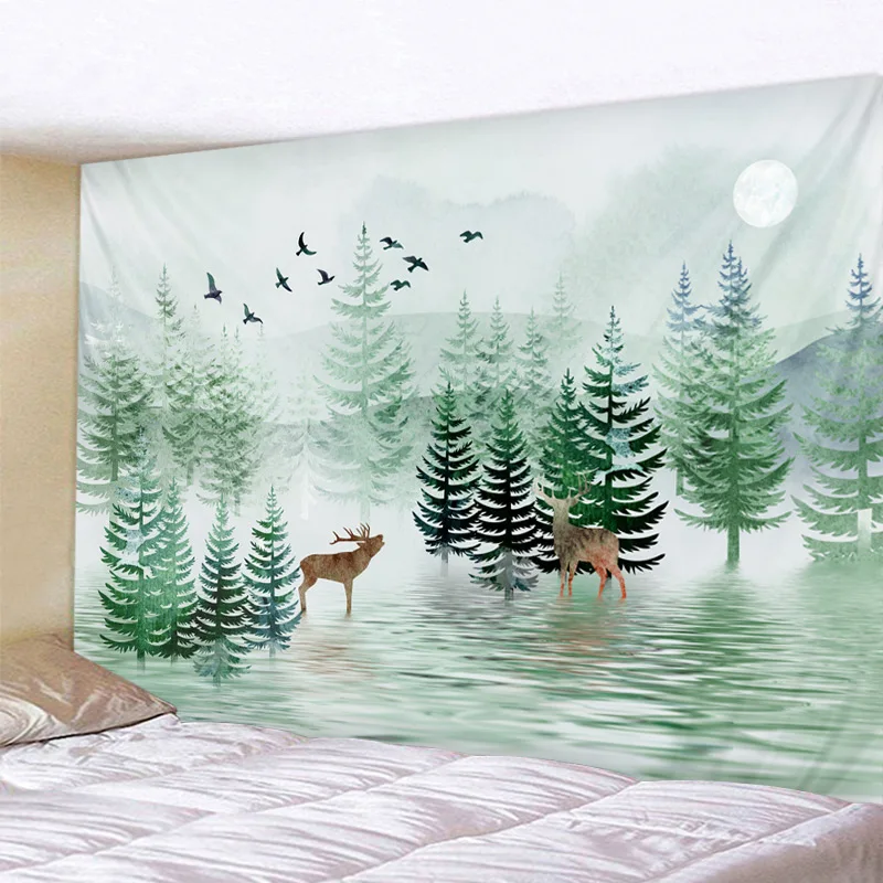 

Nordic Small Forest Tapestry Glowing Psychedelic Wall Hanging Anime Wolf Tapestry Boho Home Decor Art Wall Cloth Fabric