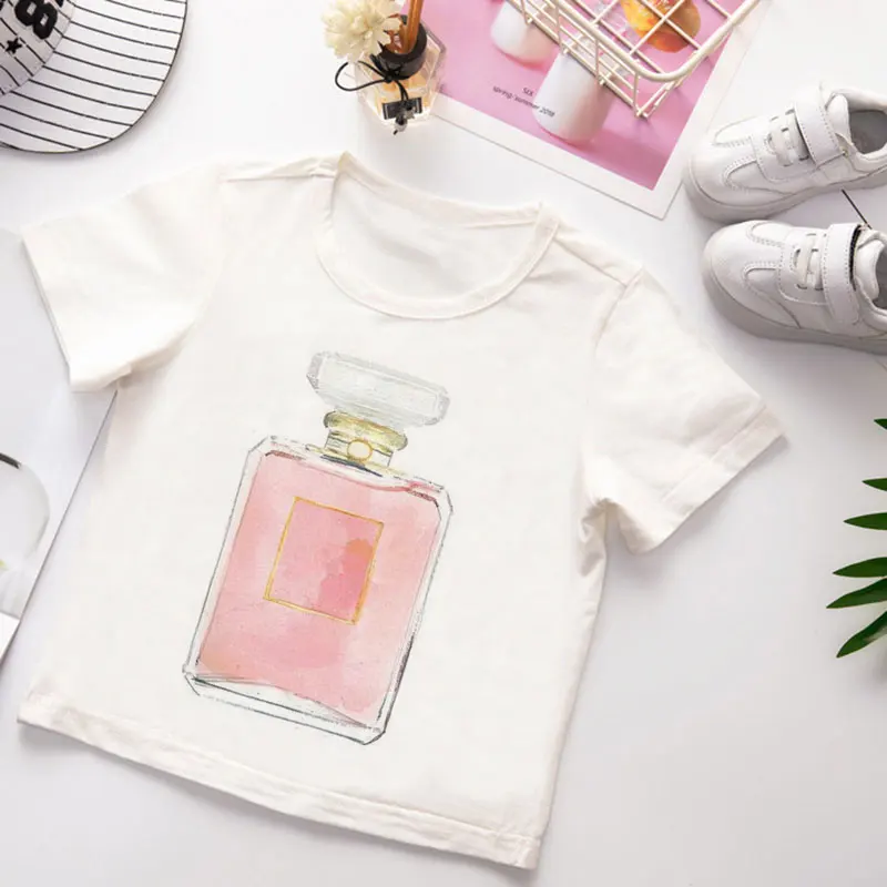 

Vogue Kids T Shirt Summer Short Sleeve Tshirt Boy Funny Flower And Perfume Pattern Printing White Clothes Cute Cartoon Girl Tops