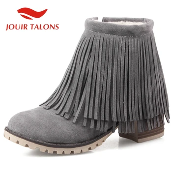 

JOUIR TALONS Hot Sale Big Size 43 women shoes Fringe Round Toe Square Thick Heels Ankle Flock Female Autumn Boots