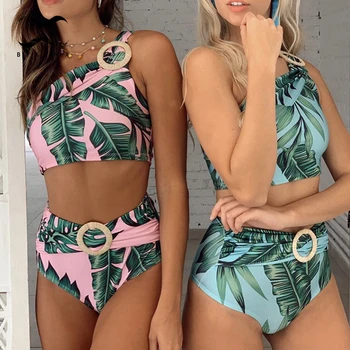 

Leave print swimsuit female Vintage high waist bikinis 2020 mujer One shoulder swimwear women Summer biquinis Bathing suit new