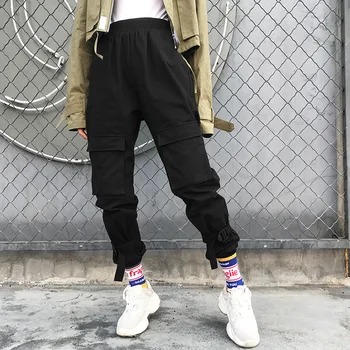 

2020 Hippie Women Cargo Sport Pants Streetwear Black Cotton Hip Hop Pantalon Femme Sweatpants Pockets High Waist Pants Joggers