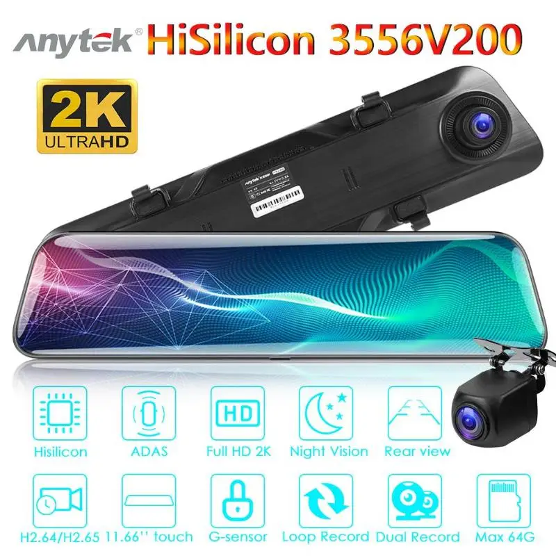 Anytek A9 Dash Cam DVR 1440p Dashcam 11,66 дюймов ips Автомобильная камера рекордер зеркало заднего вида двойной объектив ADAS ночное видение видео