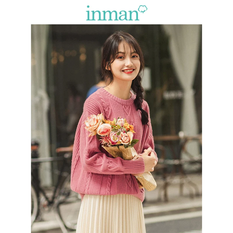 

INMAN 2019 Autumn New Arrival O-neck Drop-shoulder Sleeve Sweet Young Girl Jacquard Literary Loose Women Pullover