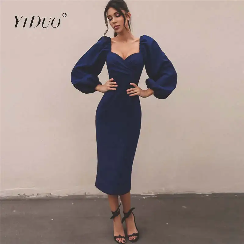 Женское офисное платье до колен YiDuo Осень зима 2019 женское сексуальное черное миди
