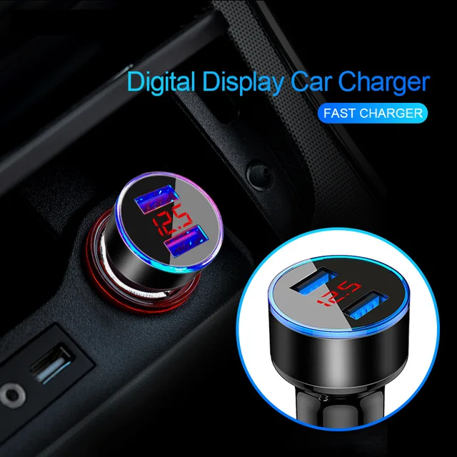Car Charger For Cigarette Lighter Smart Phone USB Adapter Mobile Phone Charger Dual USB Digital Display Voltmeter Fast Charging 4