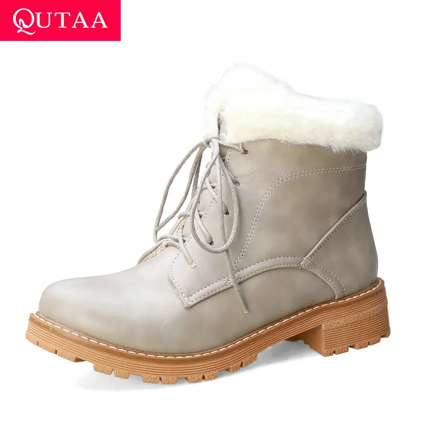 

QUTAA 2020 New Autumn Winter Warm Fur Antiskid Lace Up Ankle Boots Square Heel PU Leather Round Toe Casual Women Shoes Size34-43