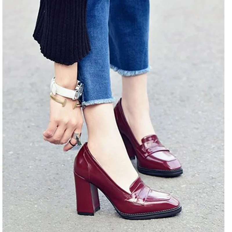 Бордовые женские лоферы из лакированной кожи на квадратном каблуке с квадратным носком; сезон весна-осень; элегантная обувь для школьной вечеринки; большие размеры 16; FSJ