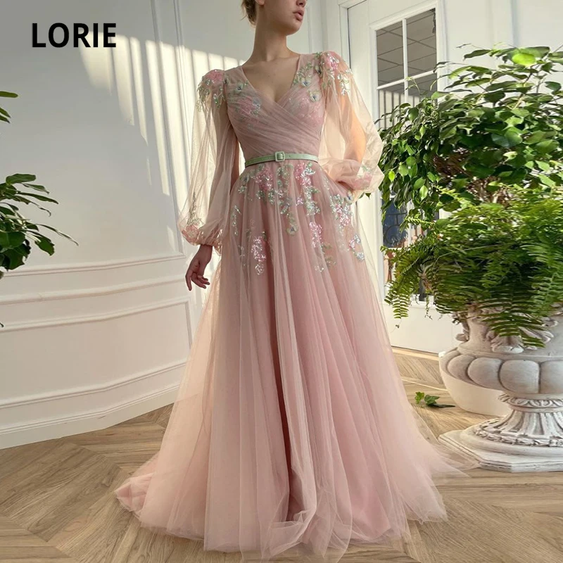LORIE Fairy Prom Dress V Neck Appliques Flowers Pink Long Puff Sleeve Party Dress for Graduation Celebrity robe fete femme