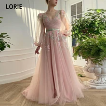 LORIE wróżka sukienka na studniówkę V Neck aplikacje kwiaty różowy długi rękaw bufka Party sukienka na bal absolwentów Celebrity robe fete femme