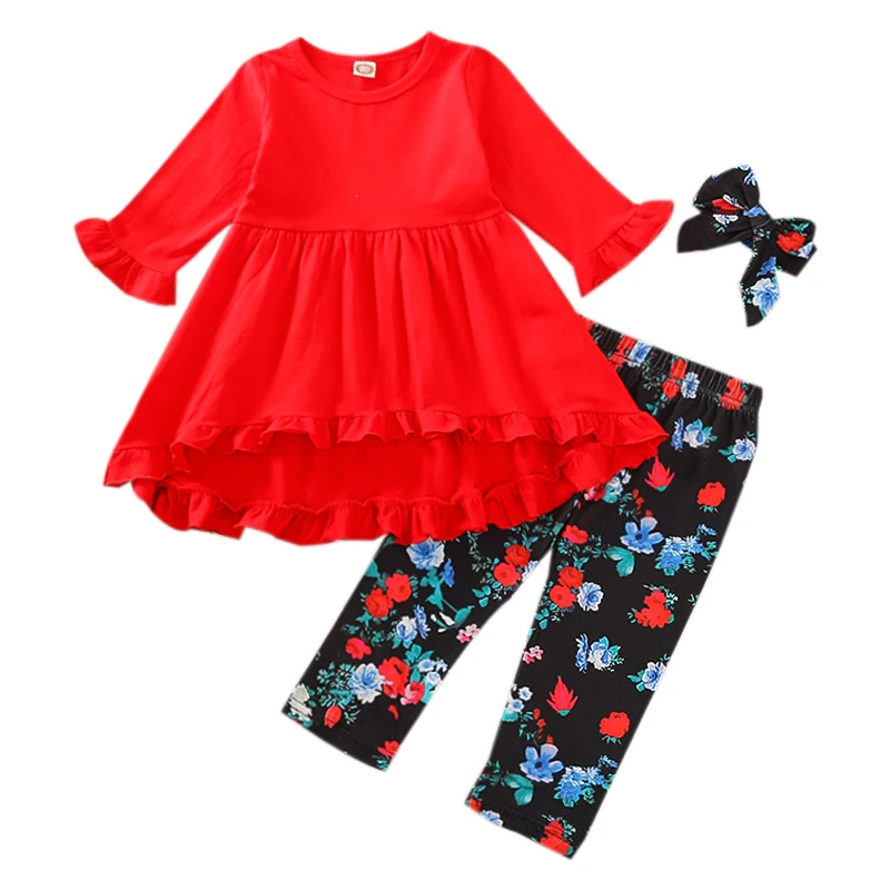 

2020 New Fall Autumn 12M-4Y Toddler Baby Girls Autumn 3Pcs Set Red Dress-Style Ruffled Long Sleeve Top+Floral Print Pants+Bow