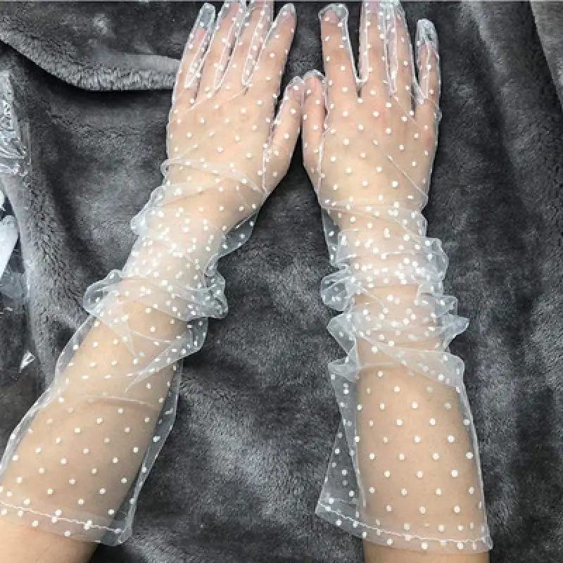 New 1 Pair Women Short Tulle Gloves Stretchy Lace Spots Full Finger Mittens Mesh Lace Gloves msfgjzm spring summer women gloves stretchy sexy lace tulle full finger mittens lotus leaf sheers elegant lady driving gloves