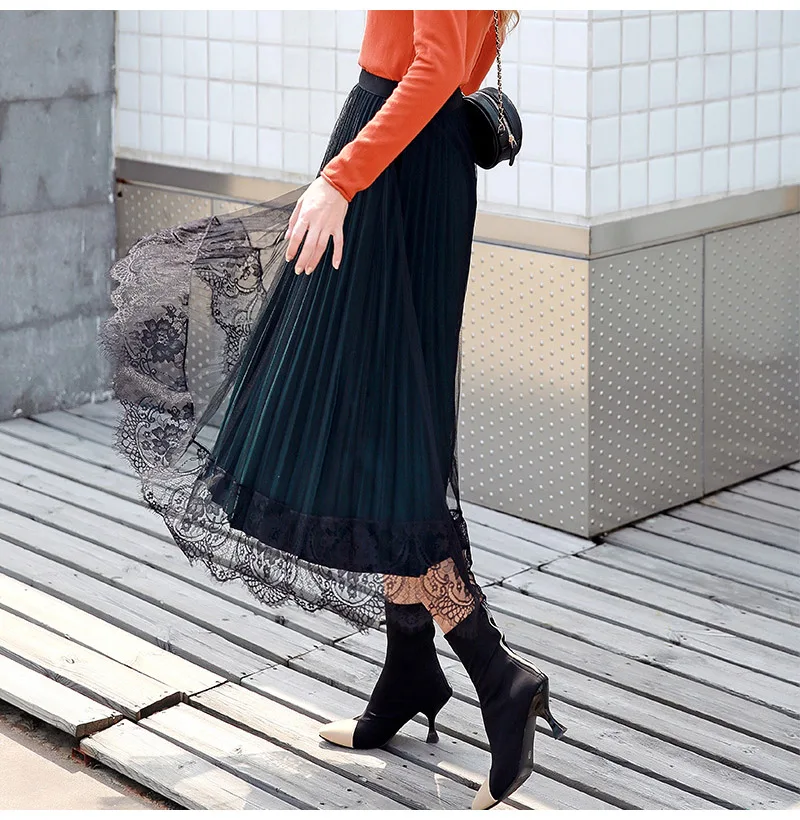 Весенняя плиссированная юбка средней длины, женская модная кружевная Сексуальная эластичная юбка средней длины с высокой талией, Повседневная Женская юбка, Новинка