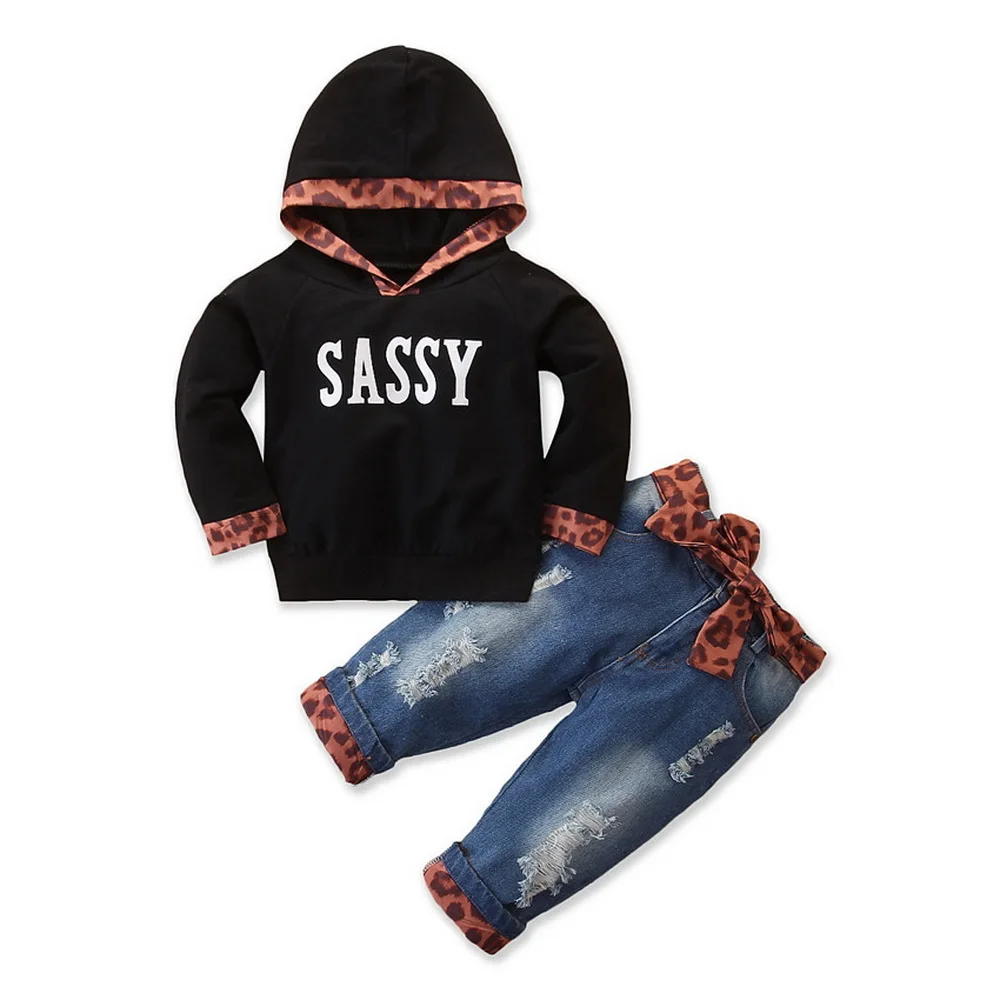 

2019 2PCS Outfit Children Suit Fashion Toddler Kids Girls Clothing Set Hooded Sweatshirts Tops+Jean Denim Pant Leopard Decor D20
