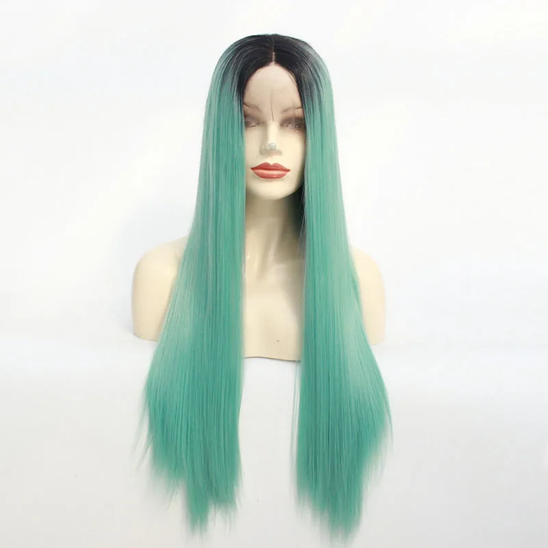 Root-short Ombre зеленый прямой длинный мягко дешевый синтетический парик на кружеве натуральный черный зеленый термостойкий мягкий парик для черных женщин - Цвет: Root-short