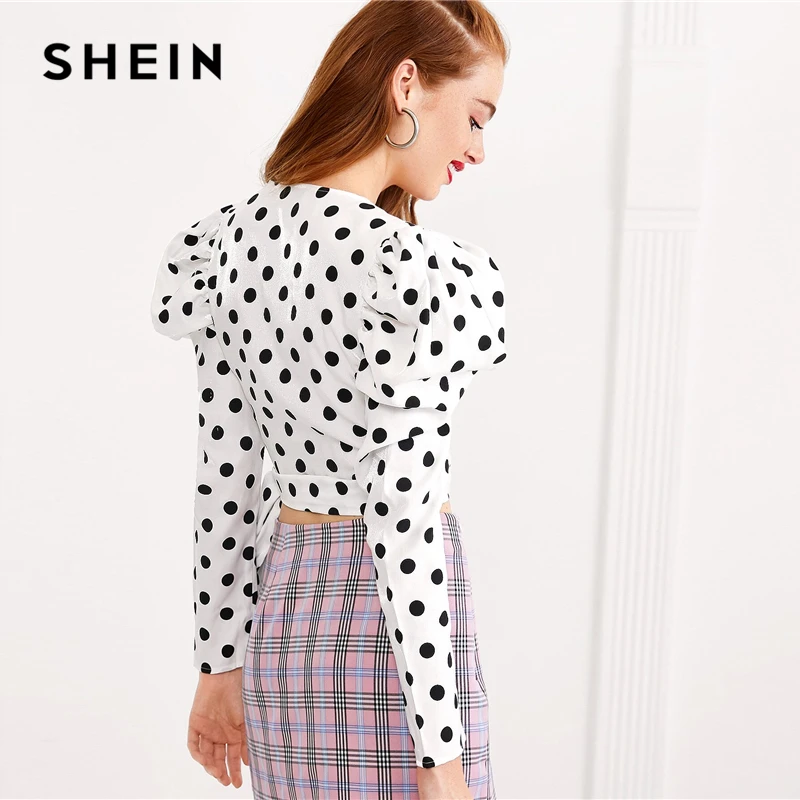 SHEIN x Madelaine белая блузка в горошек с длинными рукавами и бантом, Женская Осенняя блузка с v-образным вырезом, элегантные топы и блузки