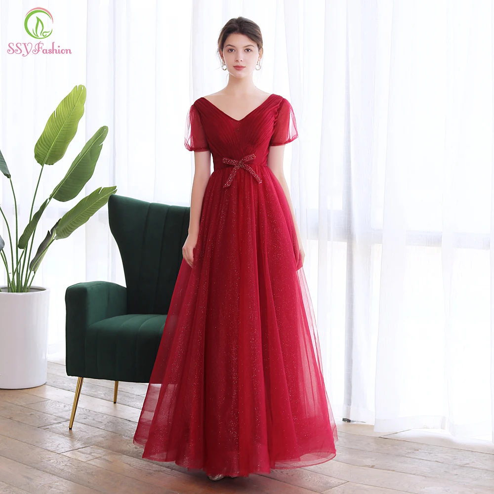 Женское элегантное вечернее платье SSYFashion Красное Длинное Платье трапециевидной