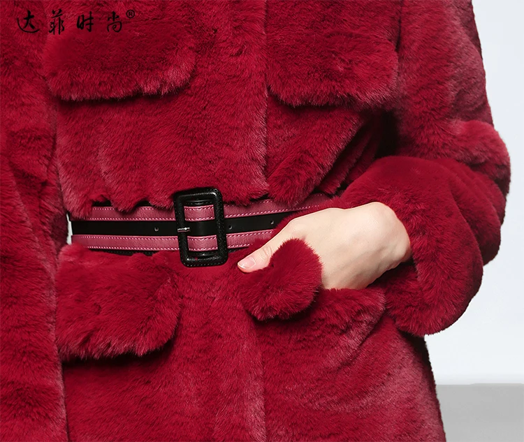 Европейский дизайнер подиума зимнее пальто для женщин Luaury красный искусственный мех кролика пальто куртка женская теплая верхняя одежда