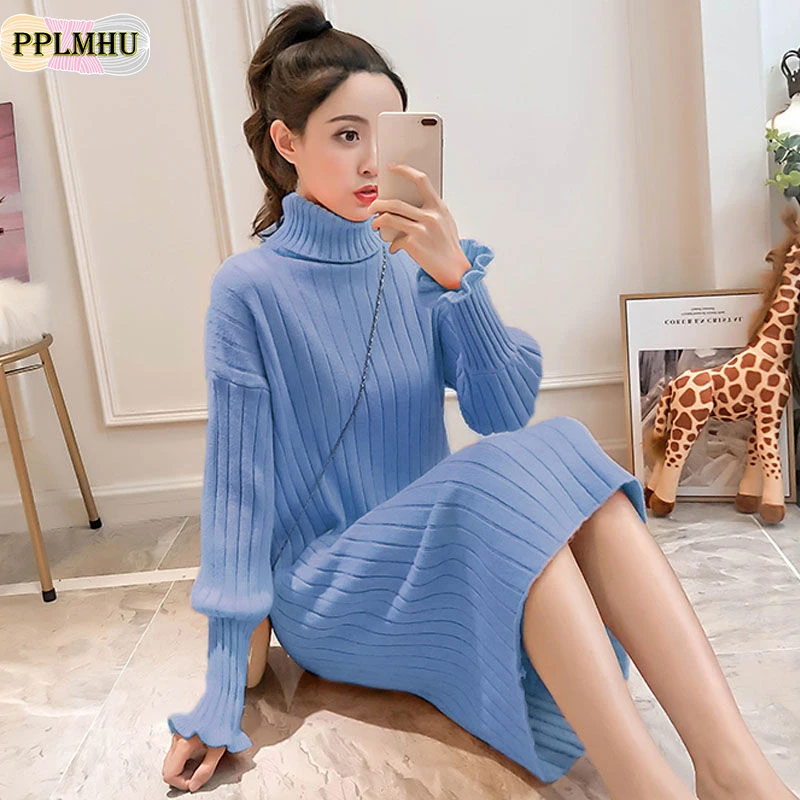 

Turtleneck Pullover Knitted Sweater Solid Dress Winter Clothes Women Flare Sleeve Oversize Sweater Invierno Mujer Knit Dress New