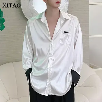 

XITAO Silk Vertical Contrast Blouse Fashion Women Single Breast Full Sleeve Loose Style of Literature and Art College ZLL4945