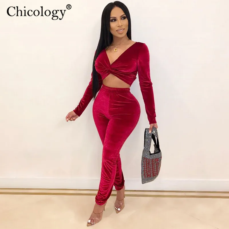 Chicology бархатное бархат неоновое 2 комплект из двух предметов в комплекте комплект набор женское Бандажное длинным рукавом Лонгслив кроп топ с высокой талией брючный брюки осень осеннее зимняя одежда