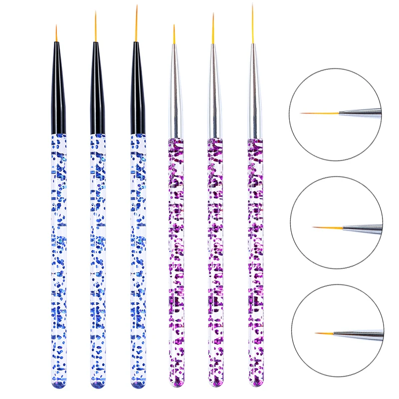 

3Pcs Blue/Purple Sequins Handle Nail Art Liner Brushes 7/12/15mm Drawing Painting Lines Grid Stripe DIY Manicure UV Gel Pen Set