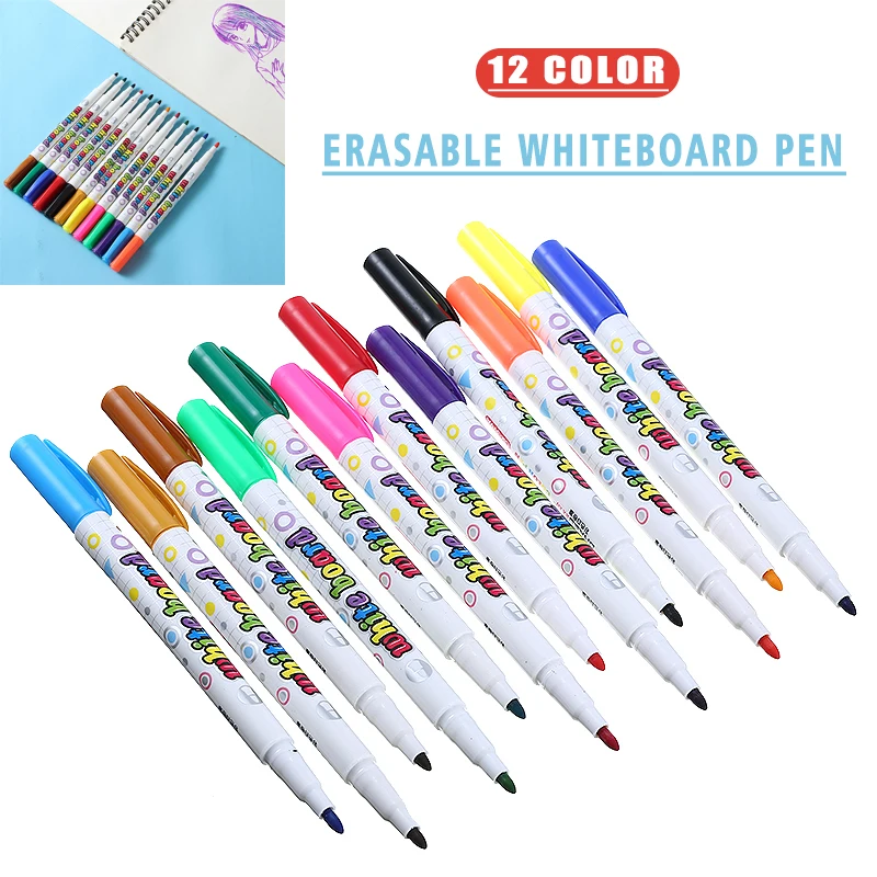 

1 Set 12pcs Erasable Fine Tip Marker Pens Easy Dry Wipe 12 Colors Whiteboard Bright Marker Pen Office School DIY Paint Supply