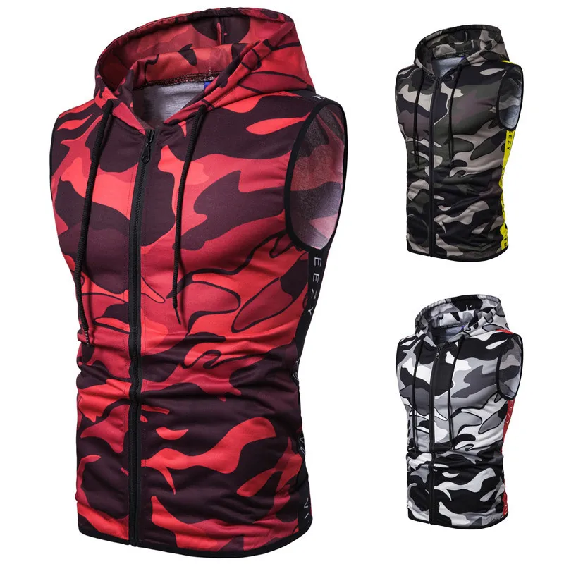 

3D Figure Red Camouflage Zipper Hooded T-shirt Vest Sleeveless Camouflage Printed Fitness Sports Waistcoat