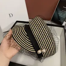 202003-zhou-mesh  striped paper pearl Button lady VISORS cap  women leisure  hat