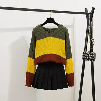 

ICHOIX 2 Piece skirt set winter two piece outfits women 2 piece set Korean style cute hoodie sweater + Pleated A-line skirt