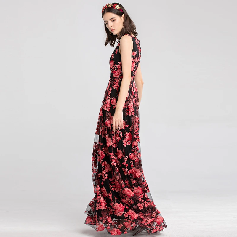 Goodlishowsi Runway дизайнерское высококачественное женское Макси платье с цветочной вышивкой и круглым вырезом без рукавов в пол элегантное Сетчатое платье