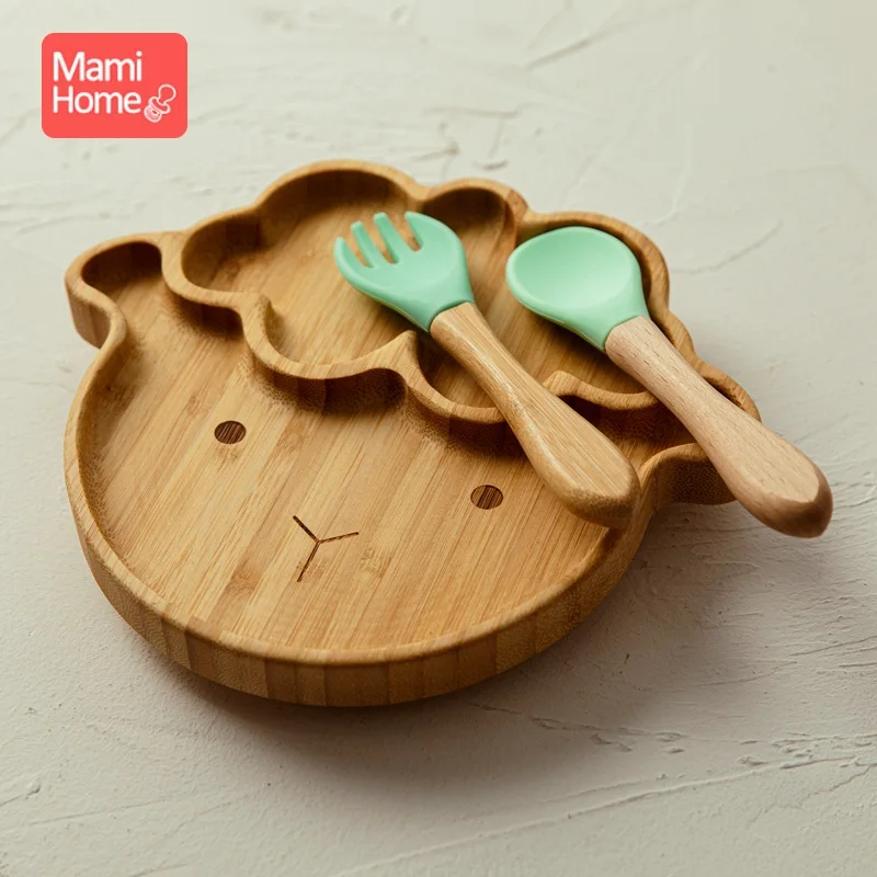 1 Conjunto de alimentación de bebé comida placas placa de bambú ovejas impermeable Tenedor de silicona cuchara BPA libre de vajilla de los niños vajilla
