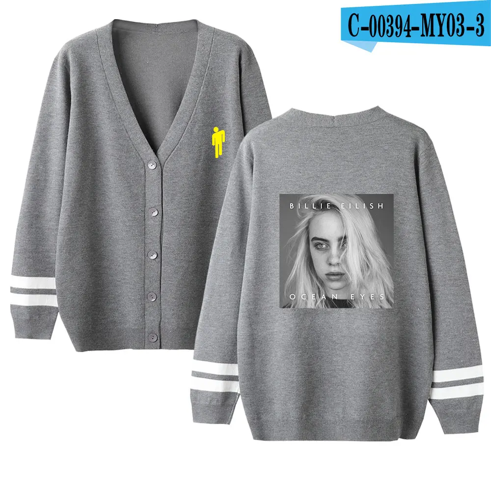 Billie Eilish женский кардиган свитер с v-образным вырезом сплошной цвет свободный свитер однобортный Повседневный вязаный кардиган пальто осень/зима - Цвет: gray