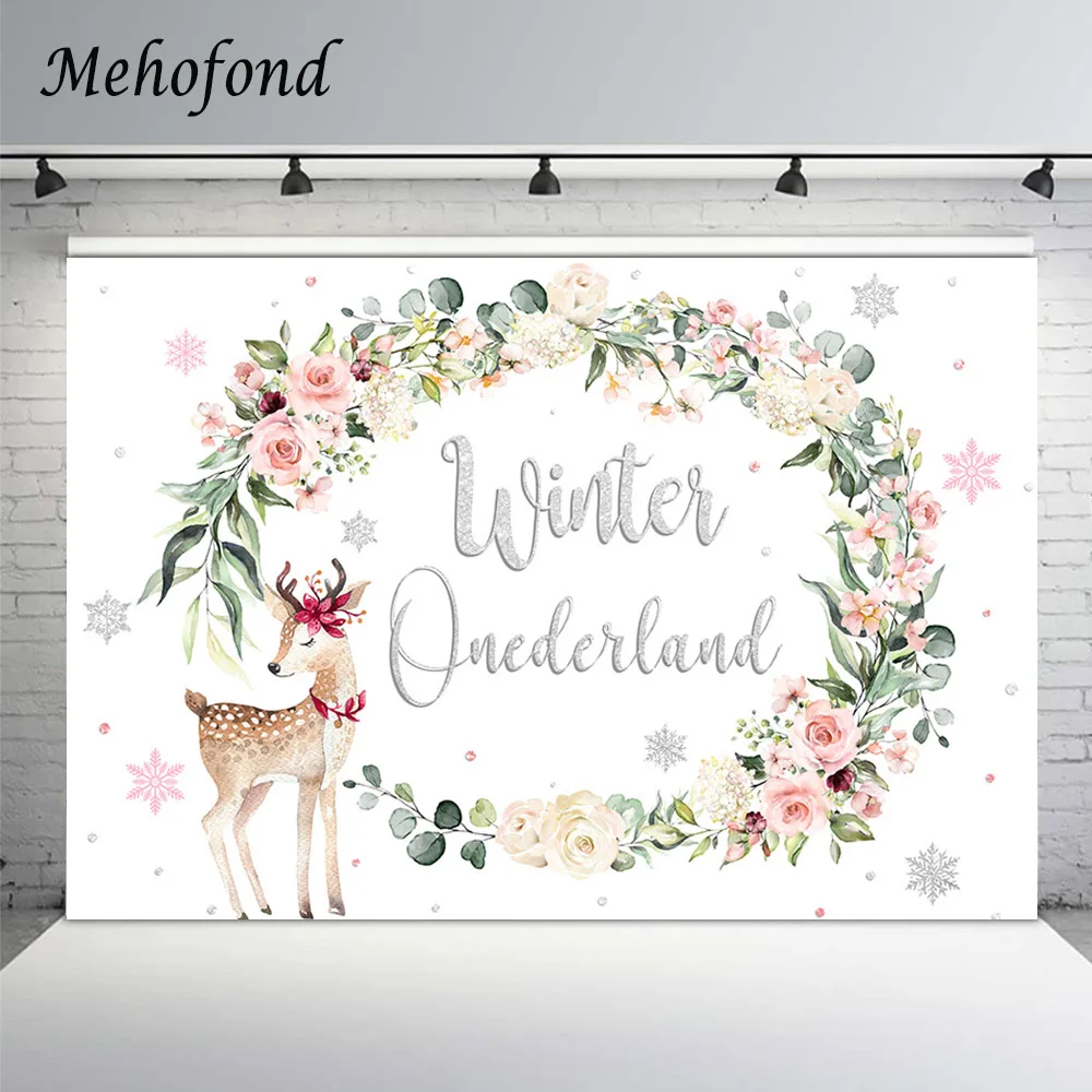 

Mehofond Winter Onederland Backdrop Pink Flowers Wreath Deer Snowflak Girls 1st Birthday Party Photography Background Photoshoot