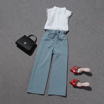 

summer new 2020 office lady pant sets lace hollow out blouse and solid wide leg loose ankle length pant female pant suits