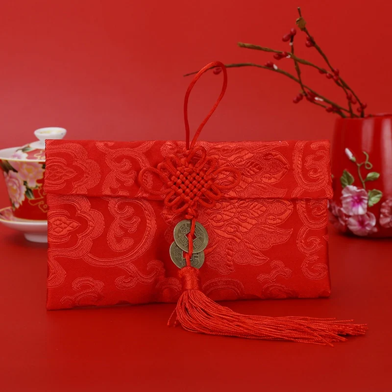 Китайский стиль, красный конверт, тканевая сумка для денег на удачу, Новогодняя Подарочная сумка для помолвки, Высококачественная парчовая Свадебная сумка с кисточками