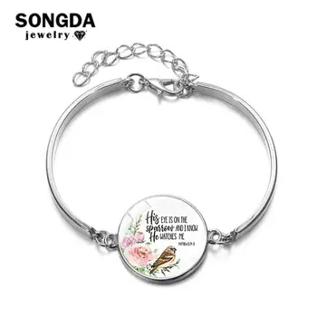 

SONGDA Silver Color Bible Verse Link Chain Bracelet Scripture Quote Floral Print Glass Dome Charm Bracelet Bangle Christian Gift