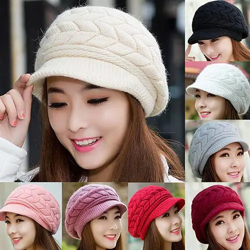 Béret d'hiver en tricot pour femme, chapeau de ski décontracté, version coréenne, béret à visière, plus optique velours, protège-oreilles en tricot, document solide, chaud