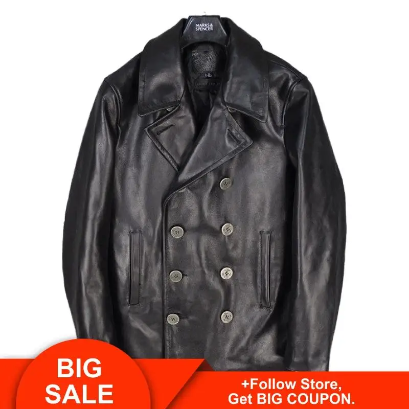 

2020 Long Double Breasted Leather Jacket Men Plus Size XXXL Genuine Thick Cowhide Winter Warm Russian Casual Leather Pea Coat