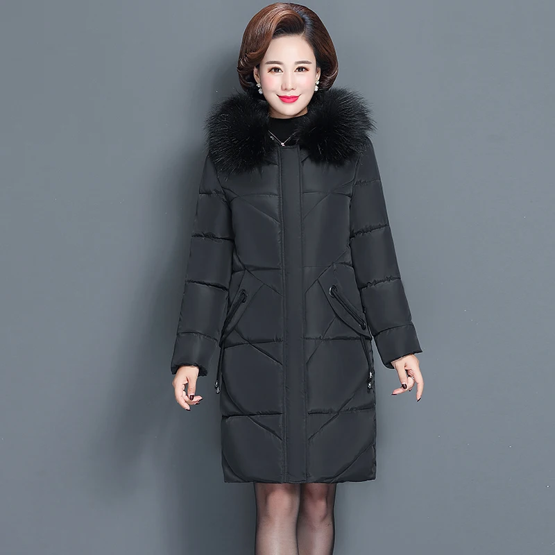 Женская зимняя куртка с меховым воротником, Женская куртка, тонкая длинная куртка с хлопковой подкладкой, зимнее пальто, парка, большой размер 6XL - Цвет: Черный