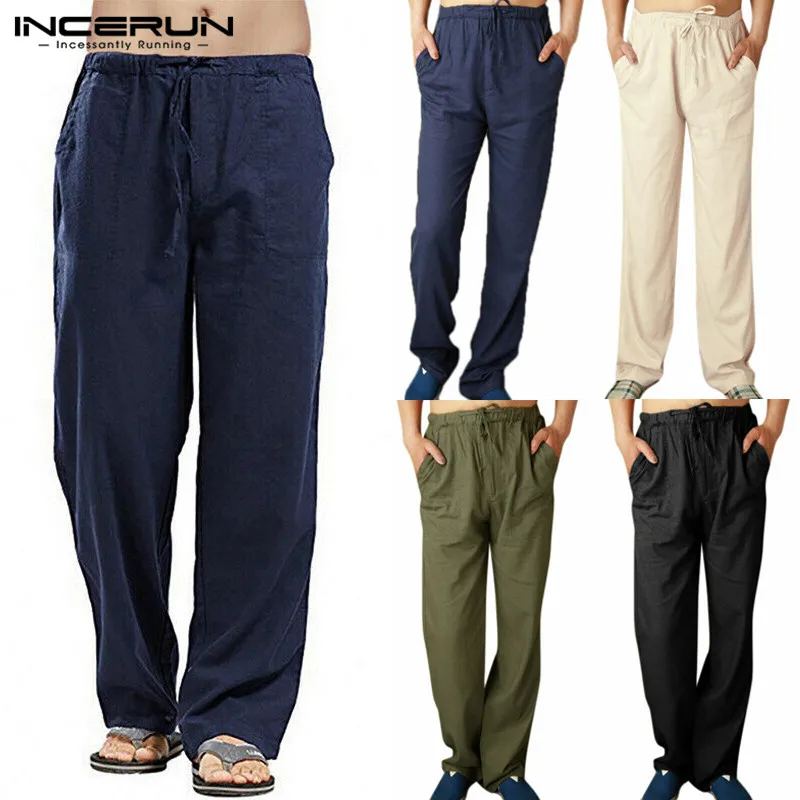

INCERUN Men Casual Pants Elastic Waist Solid Color Retro Loose Straight Trousers Joggers Workout Sweatpants Men Streetwear 2019