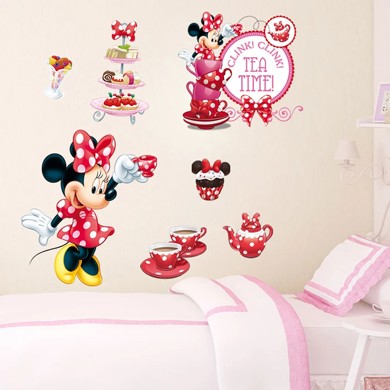 Disney Minnie Mouse Afternoon Tea Cartoon Wall Stickers For Kids Room Home Decor Girl's Bedroom Wall PVC Mural Art DIY Wallpaper Disney Minnie Mouse Afternoon Tea Cartoon Wall Stickers For Kids Room Home Decor Girl's Bedroom Wall PVC Mural Art DIY Wallpaper